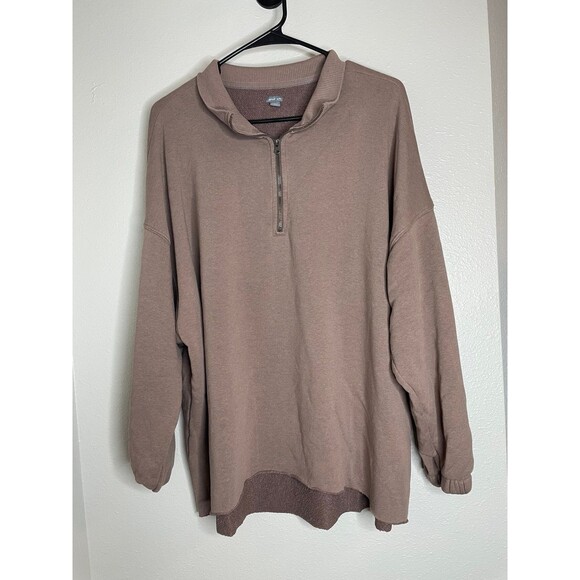 Aerie Sunday Soft Quarter Zip Pullover Brown Taupe Mock Neck Cozy Fleece Size XL - Picture 1 of 5